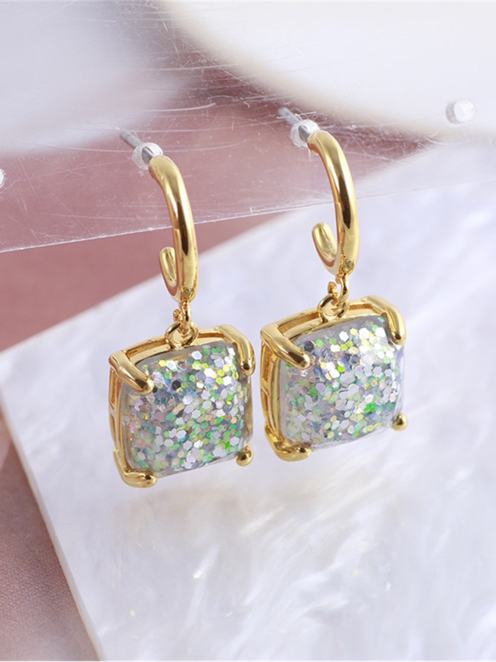 Kate Spade Silver Gold Rhinestone Square C Shape Earrings Fashion Jewelry